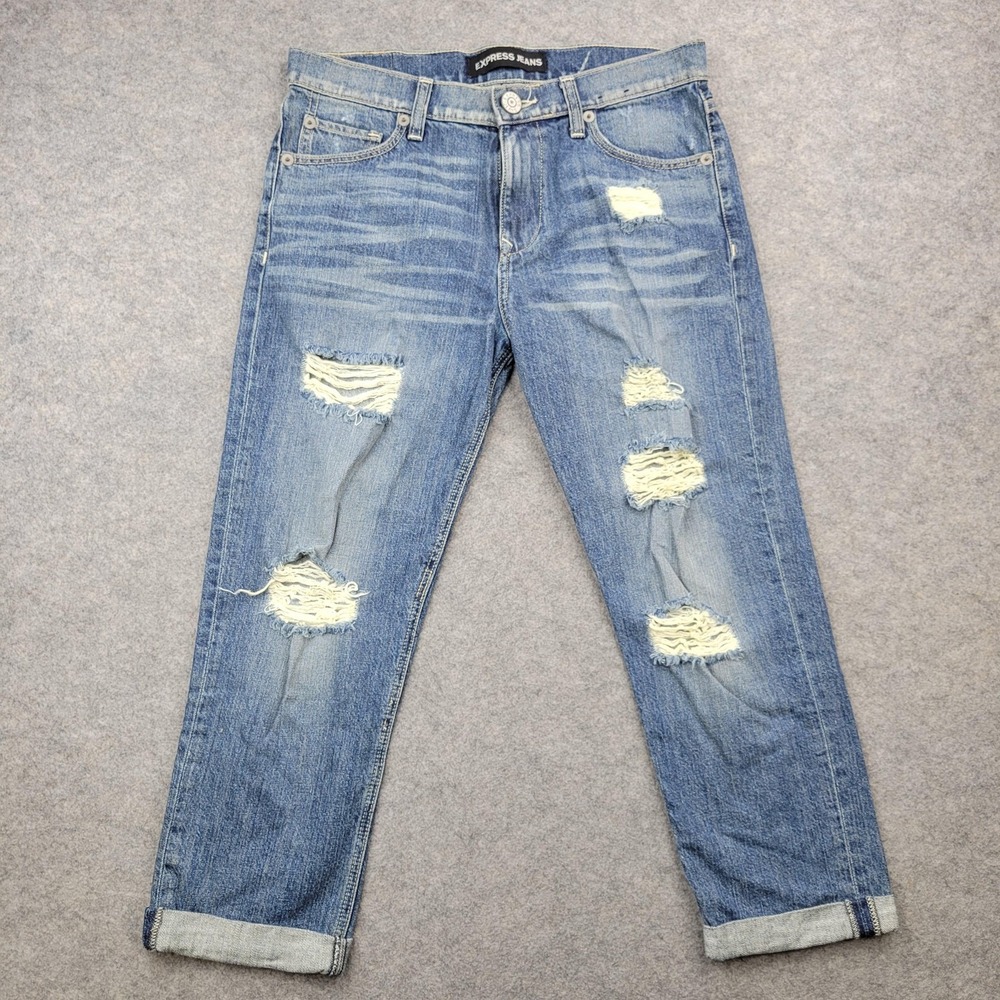 Express Jeans Womens 2 Blue‎ Medium Wash Mid Rise Boyfriend Distressed Denim